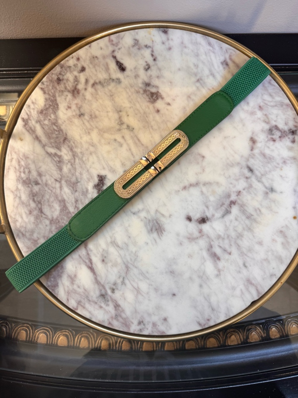 Kelly Green Elastic Waist Belt with Gold Decorative Buckle